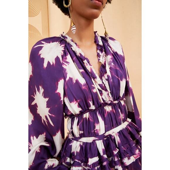 Ulla Johnson Emery Tie-Dyed Ruffle Trim Silk Mini Dress Purple/White Size 0 - Picture 6 of 10